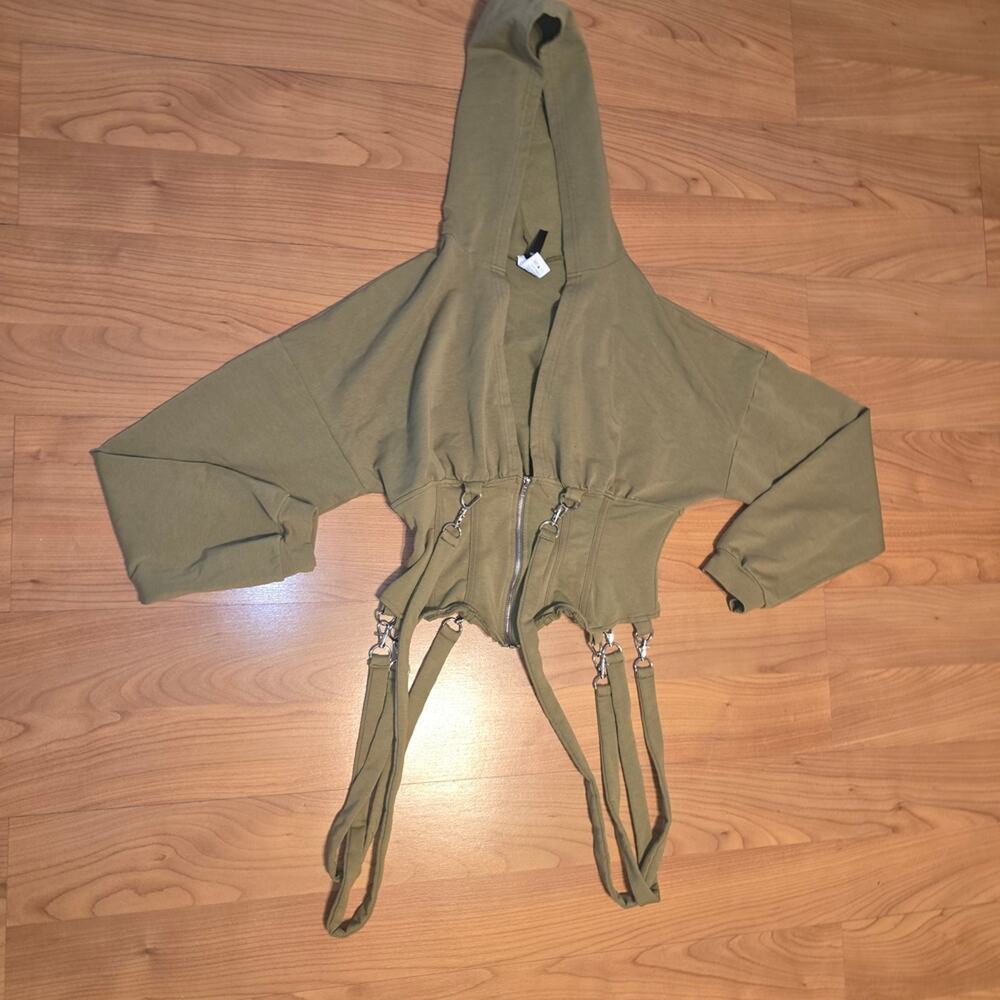 Olive Green Cropped Hoodie with Straps - Picture 2 of 8